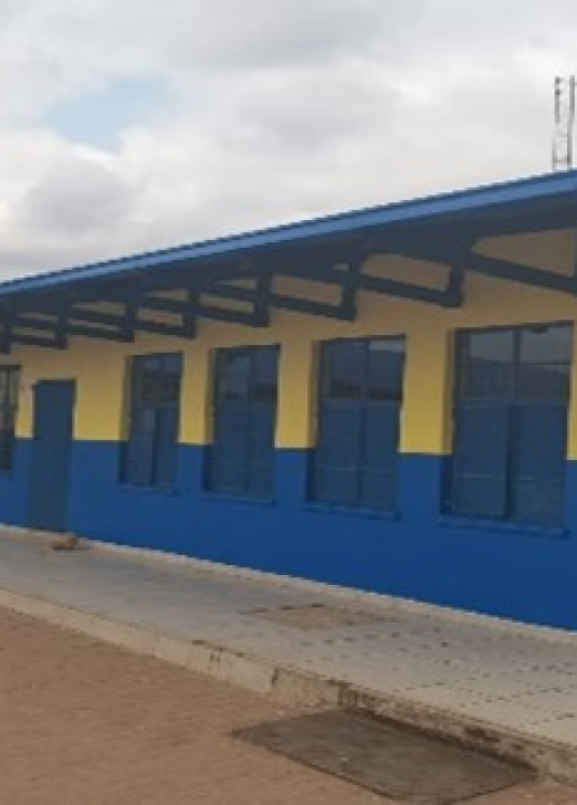 Renovated school building with blue and yellow paint